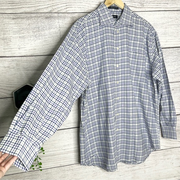 Nautica Plaid Casual Button Down Shirt Men’s Size 17 - 34/35 Tan Blue & Purple - Picture 2 of 10